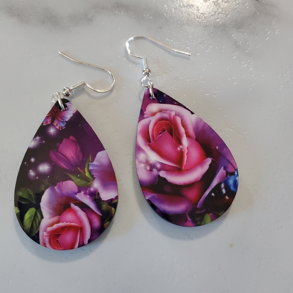 Pink Butterfly & Flowers Teardrop Earrings - Picture 7 of 12
